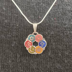 Closeup of Smaller Cloisonne Interfaith Pendant with Sterling Silver Snake chain