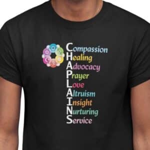 Interfaith Chaplain's Character T-Shirt in Black Closeup