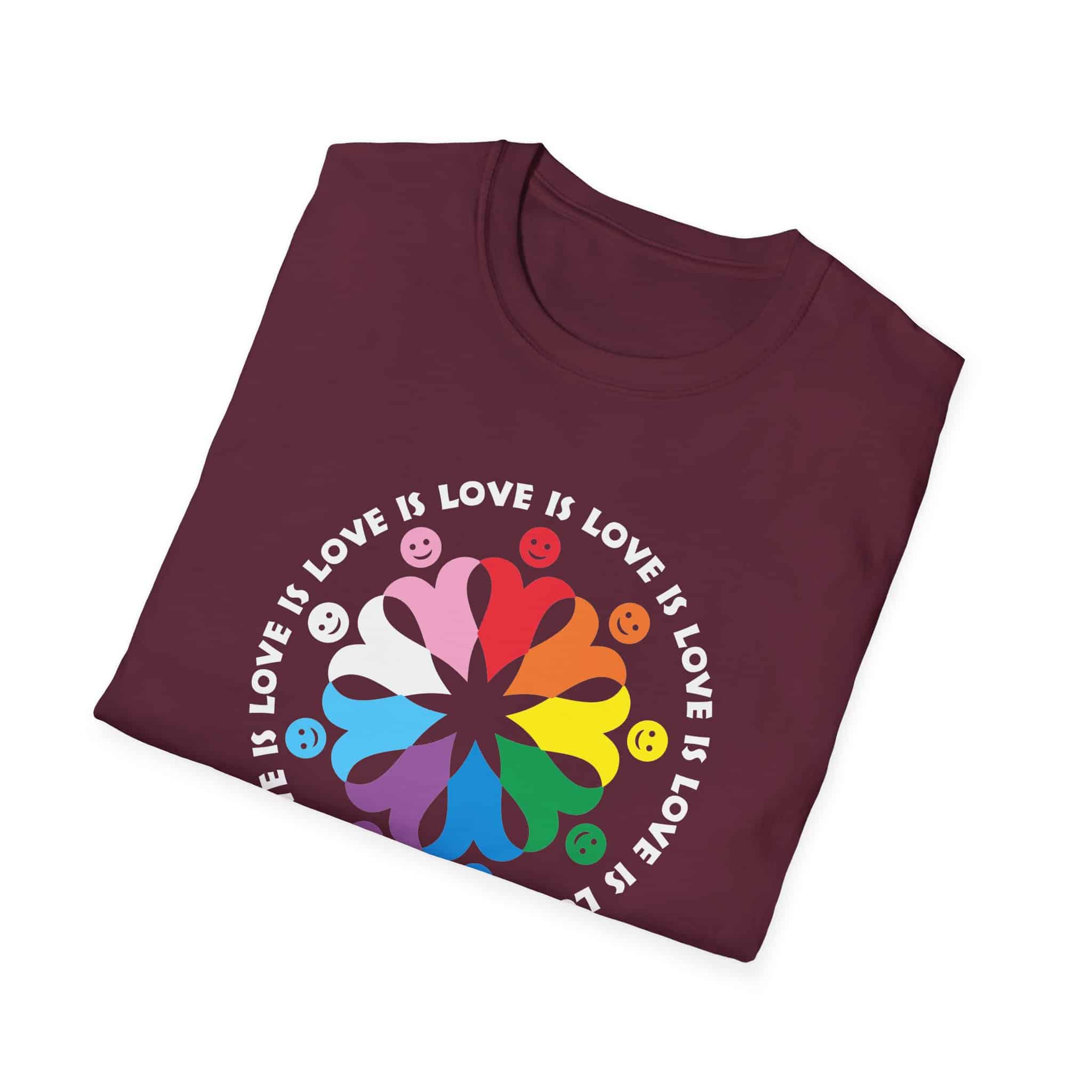 Love is Love Interlocking Heart People T-Shirt in LGBTQ Rainbow Colors - Image 26