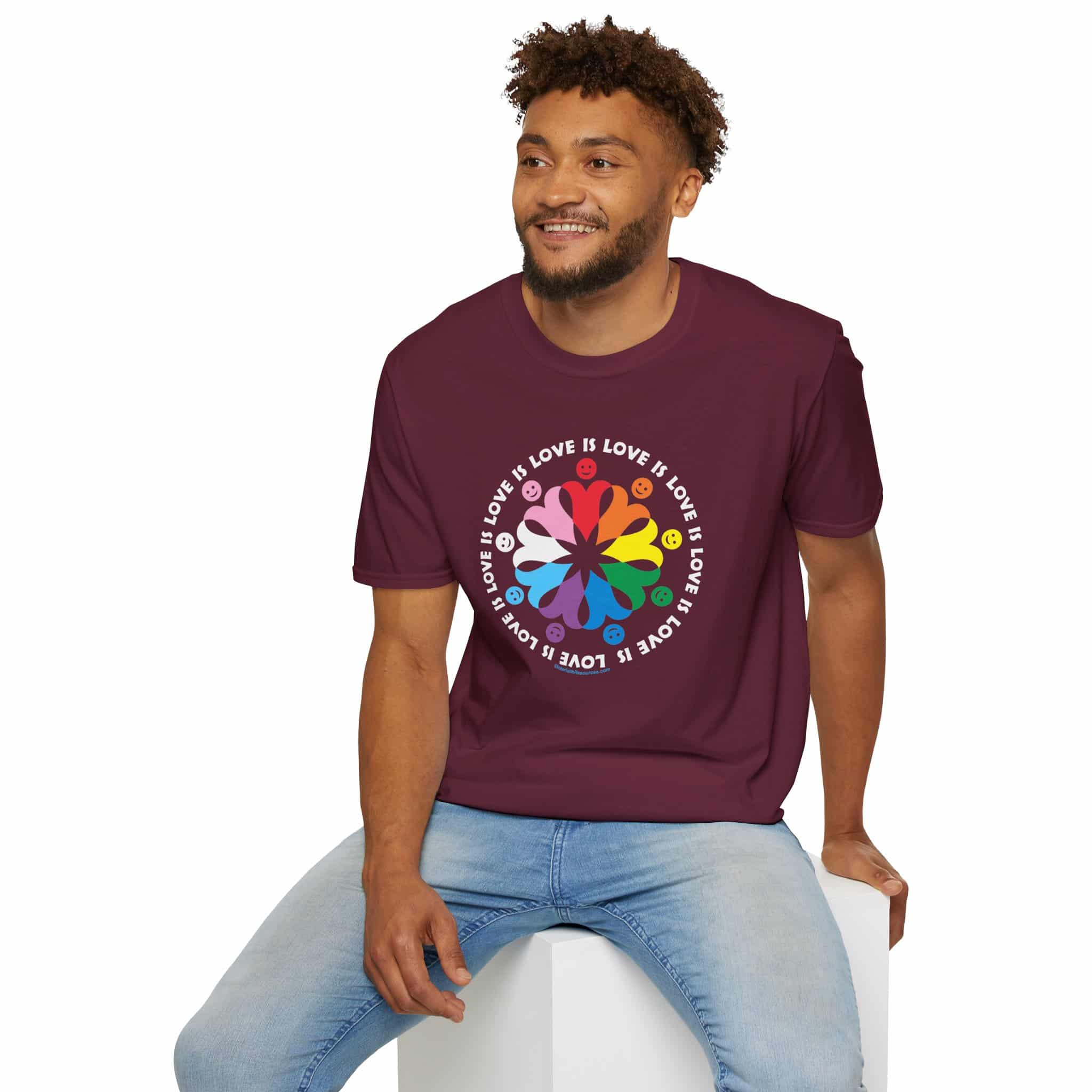 Love is Love Interlocking Heart People T-Shirt in LGBTQ Rainbow Colors - Image 24