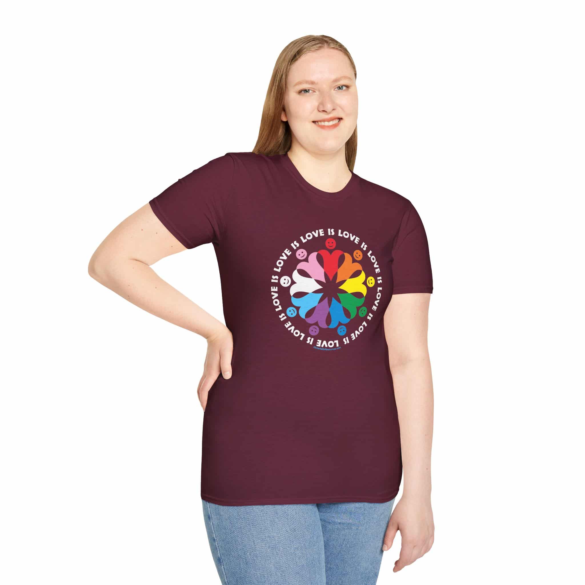 Love is Love Interlocking Heart People T-Shirt in LGBTQ Rainbow Colors - Image 25